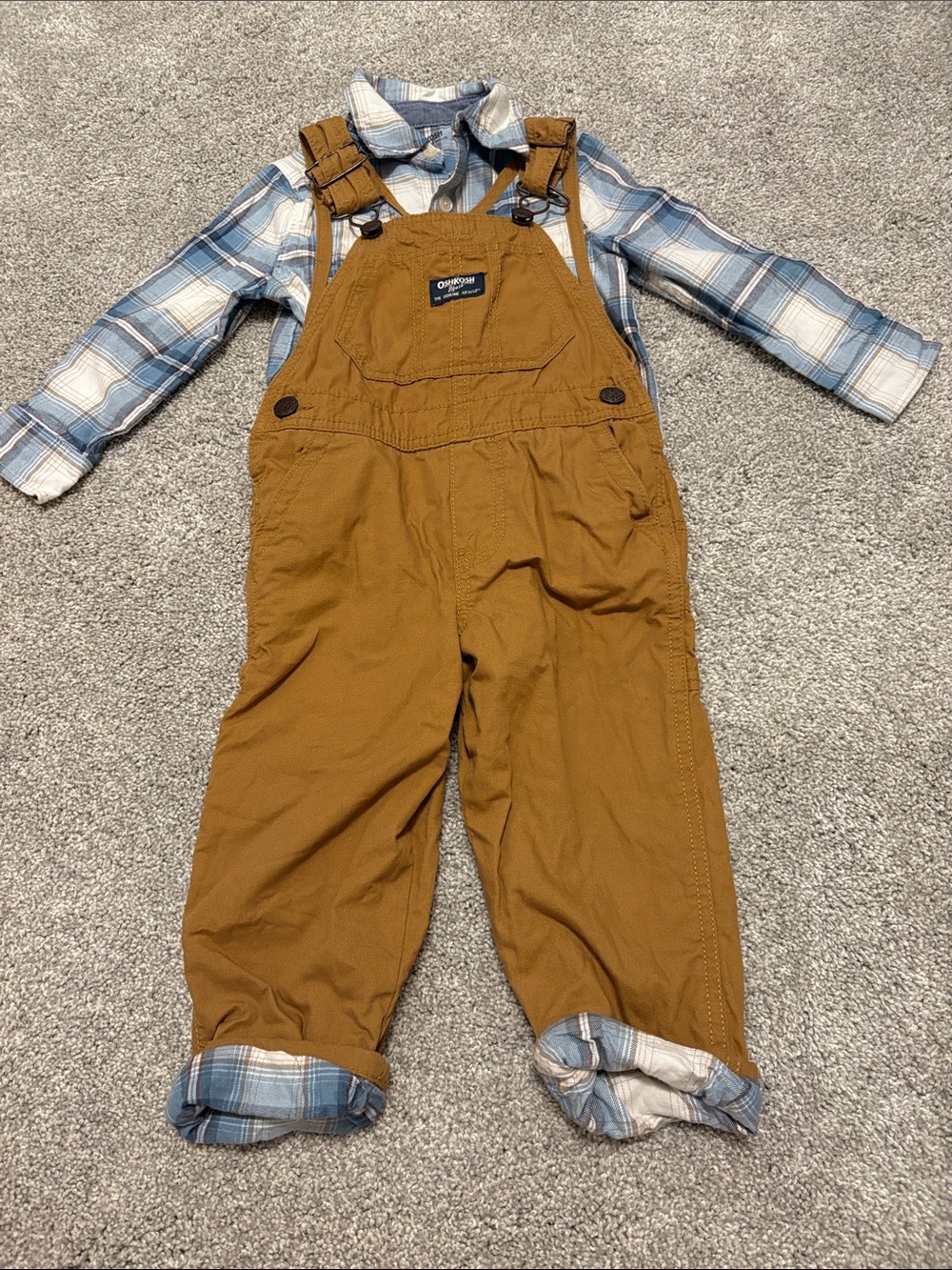 OshKosh B'gosh Toddler boy Brown Overalls and plaid shirt bundle